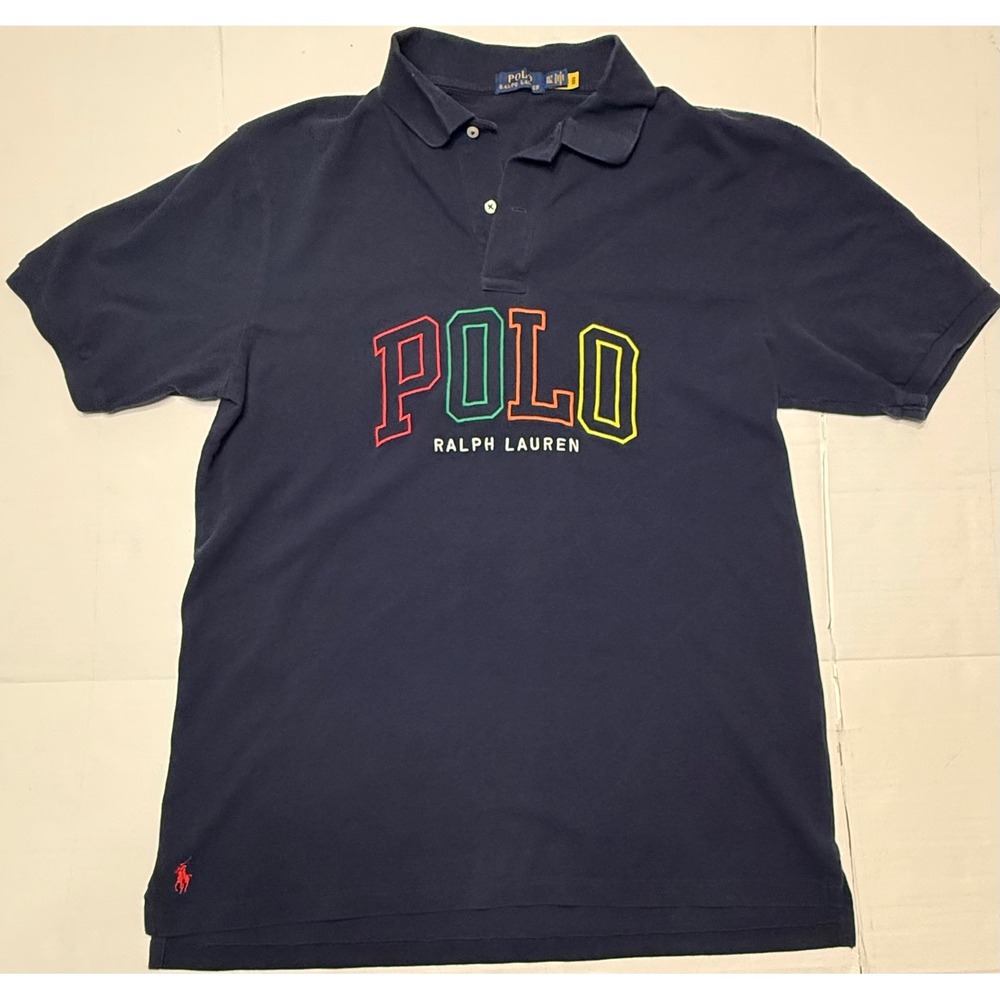 Polo Ralph Lauren Mens XLT Navy Blue Spellout Logo Short Sleeve Polo Shirt